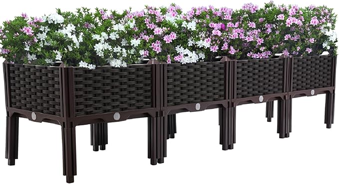 61.4x15.35x14.96in Raised Garden Beds with Legs 4 Piece Plastic Planter Box Elevated Plant Pots for Vegetables Flowers Herbs Garden Boxes with Drain Outlet (1)