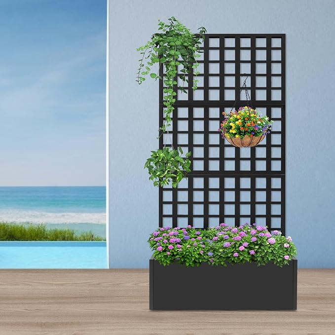 Metal Planter with Trellis Planter Box with with Privacy Screen Outdoor Raised Garden Bed for Climbing Plants Vegetable Vines (Black)