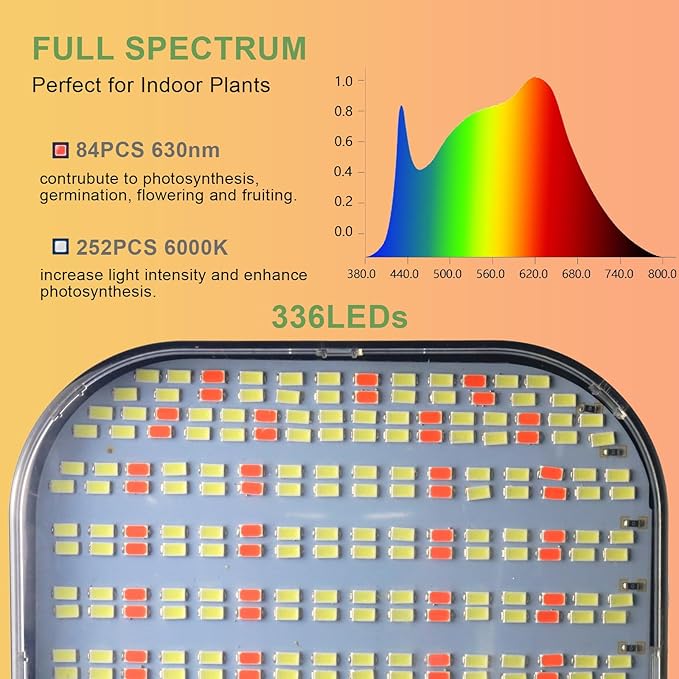 Super-Bright Grow Light 100W 336LEDs 6000K White Full Spectrum Plant Growing Lamp for Home Office Indoor PlantsAdjustable Height &amp Auto Timer 4 8 12Hrs 12V 3A High Power Output for Faster Growt