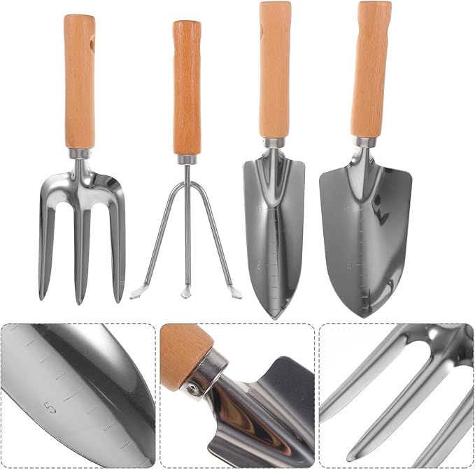 4pcs Gardening Hand Tools Set Wooden Handle Small Garden Shovel Wide Shovel Three-Prong Rake Planting Lawn Care