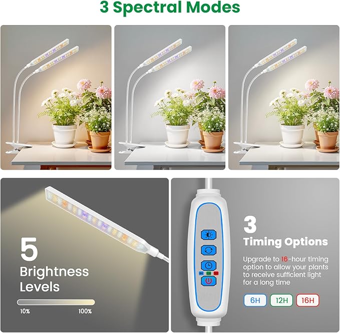 Grow Light Clip on 2 Pack 228 LED Grow Lights for Indoor Plants Full Spectrum 2 Head White Arm Grow Lamp with Gooseneck 6/12/16H Timer 5 Dimming 3 Light Mode