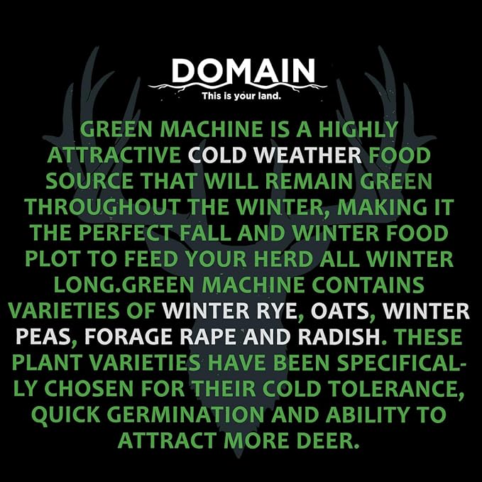 Domain Outdoor Green Machine Food Plot Seed for Deer 1/4 Acre Winter Peas Forage Oats Winter Rye Forage Rape Radish Highly Attractive Food Source Will Stay Green