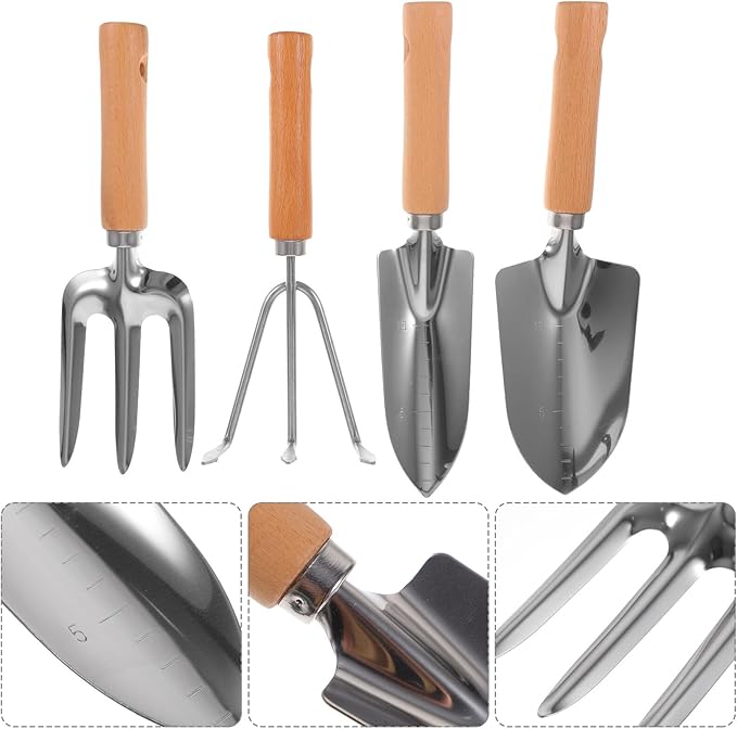 4pcs Wooden Handle Gardening Tool Set with Small Garden Shovels Three-Prong Rake and Trowel for Outdoor Planting and Vegetable Gardening