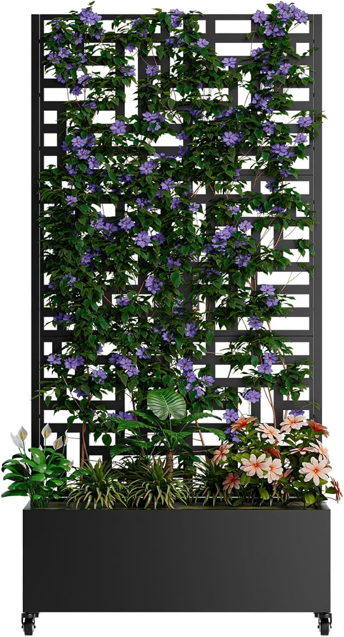 Metal Planter Box with Trellis Outdoor Raised Garden Bed with 4 Wheels Trellis Features Drainage Holes 72X47X16 Privacy Screen with Planter Box for Climbing Plants Vegetables (B-Black)