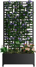 Metal Planter Box with Trellis Outdoor Raised Garden Bed with 4 Wheels Trellis Features Drainage Holes 72X47X16 Privacy Screen with Planter Box for Climbing Plants Vegetables (B-Black)