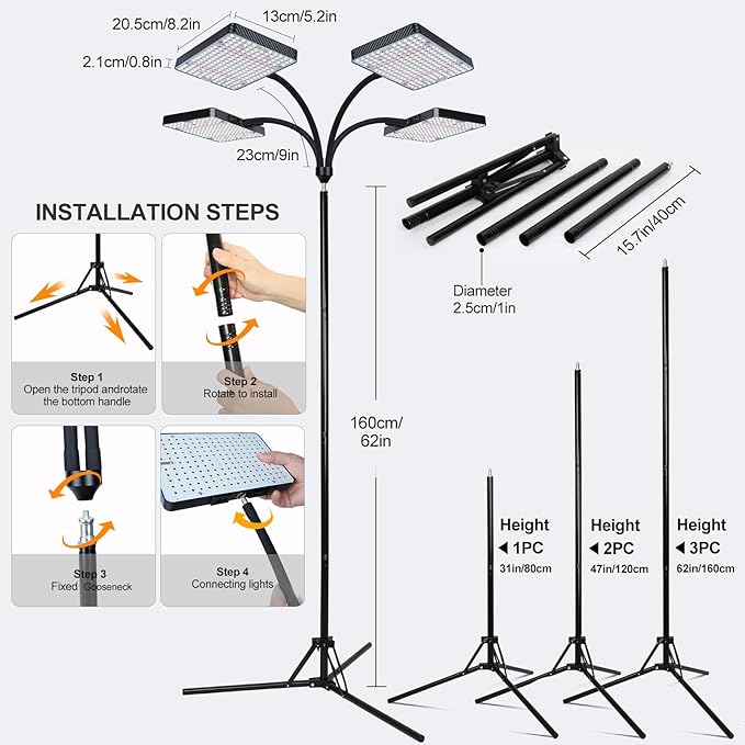 FECiDA 2026 4Head Grow Lights with Upgraded Stand Big Coverage Grow Lights for Indoor Large Plants Bonsai Tree 4/8/12/16/20 Hr Timer 100 Watt Power Draw NO Need Adapter 24-76 Height Adjustable