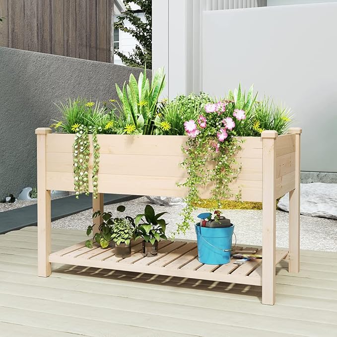BIRASIL Outdoor Wood Raised Garden Bed Elevated Reinforced Large Planter Box with Storage Shelf for Vegetable Flower Backyard Patio Gardening Balcony (48”L Natural Wood)