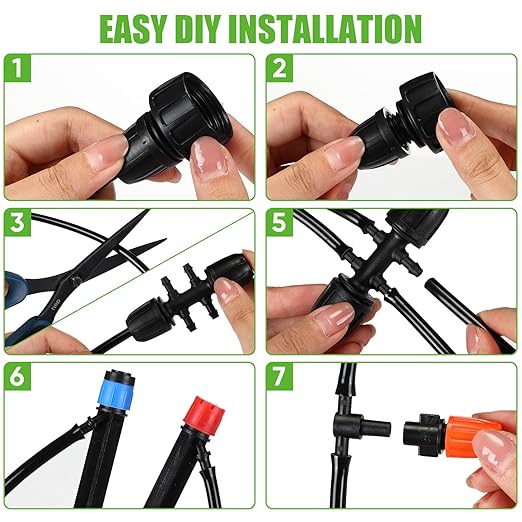 Frienda 590 ft Drip Irrigation System Kit Misting Plant Watering System with 1/4 inch 0.12 inch Irrigation Tubing Hose Adjustable Nozzle Emitters Barbed Fittings for Garden Yard Lawn