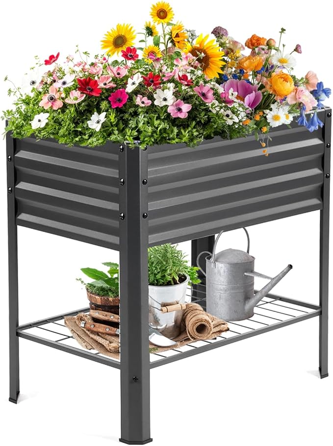 Raised Garden Bed with Legs and Shelf 2pcs 32x20x31.5 Elevated Metal Planter with Legs for Outdoor Vegetables and Herbs Standing Raised Beds for Balcony Patio Lawn and Backyard