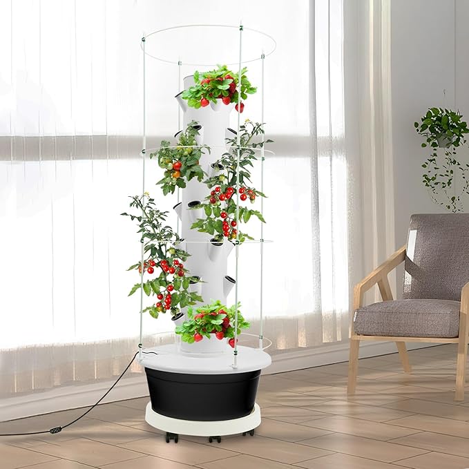 28-Plant Indoor Hydroponic Growing Tower Vertical Garden Kit with Climbing Trellis &amp Auto Timer Smart Hydroponics System for Vegetables Beginner Friendly (Black)