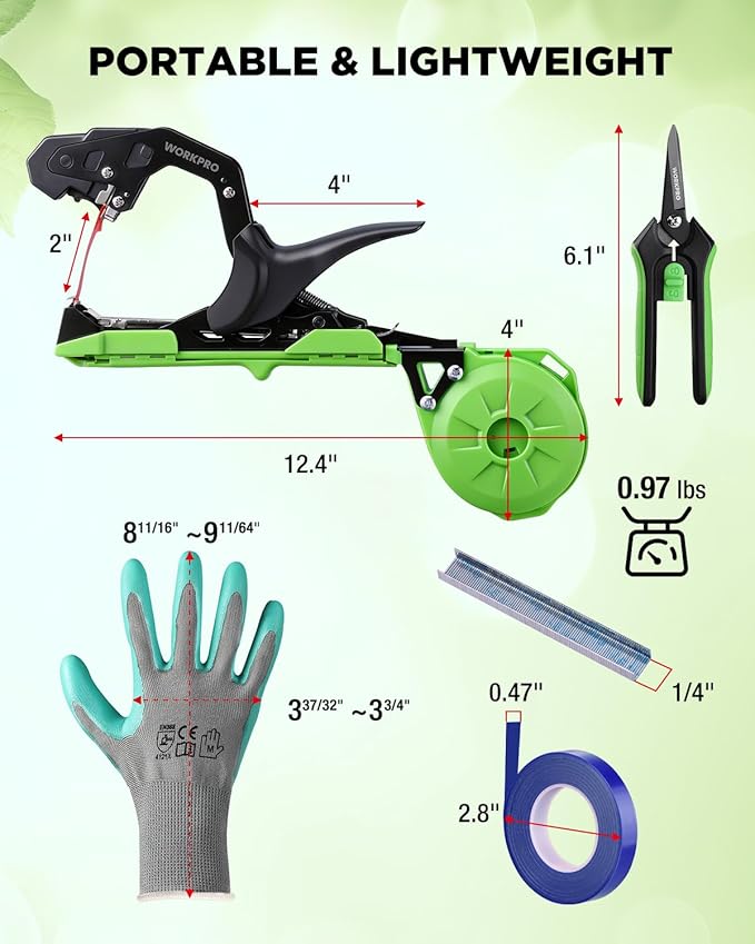 WORKPRO Plant Tying Machine with 6 Scissors Lightweight Tape Gun for Tying Vines and Support Plant Includes Gloves 20 Rolls of Tape 10000 Staples Ideal for Tomatoes Grapes Cucumber Vegetables