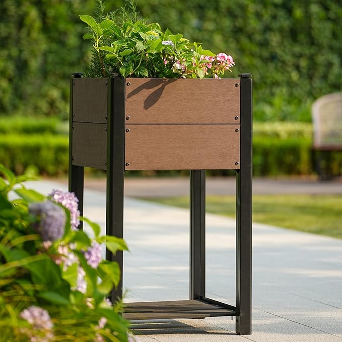 IDEALHOUSE 19.37x19.37x33.46 Raised Garden Bed HDPE Elevated Planter Box with Sturdy Aluminum Frame Wood Grain Outdoor Planter with Storage Shelf for Patio Balcony Lawn