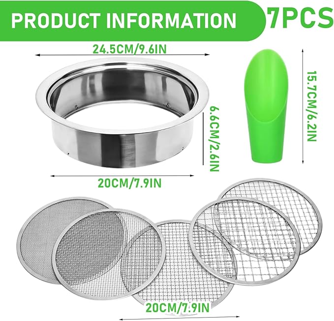 5Pcs Soil Sifter for Gardening Stainless Steel Soil Sifter Set with 5 Filter Mesh Sizes 1 3 6 9 12mm and Bonsai Scoops Gardening Tool