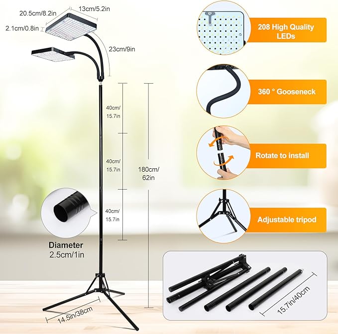 2026 2Head Grow Light with Upgrade Stand Big Coverage Grow Lights for Indoor Large Plant Bonsai Tree 4/8/12/16/20H Timer 50 Watt Power Draw NO Need Adapter 24-76 Height Adjustable