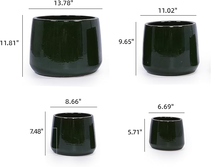 Handmade Solid Glazed Ceramic Planter Set of 4 141197 Inch Diameter Deep Green for Succulents and Cacti Outdoor G Indoor Stairs Use Breathable Clay with Drainage Holes