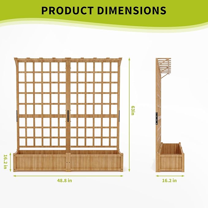 Two-Tier Wooden Planter Box with Trellis for Outdoor Gardens Elevated Raised Bed for Flowers and Vegetables 1.4Ft Deep Planter with Hanging Roof &amp Drainage Holes