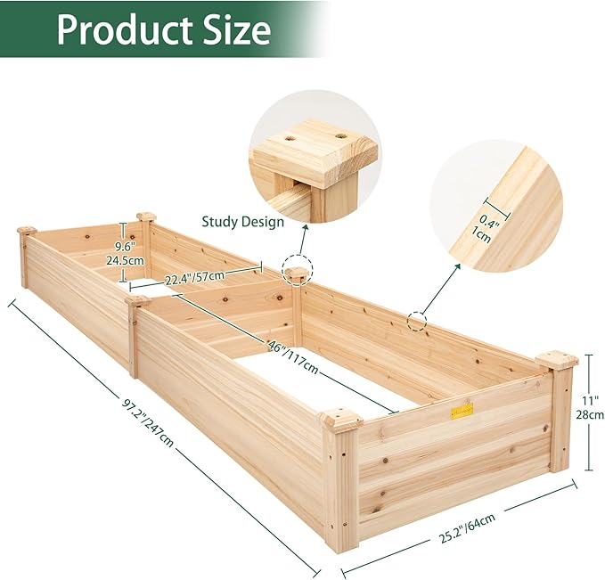 Hollyone 8×2ft inches Wood Raised Garden Bed Frame Planters Wooden Elevated Planting Planter Box for Outdoor Herb Vegetables Flowers Grass Lawn Yard Patio - Natural 96 x 24 x 11in