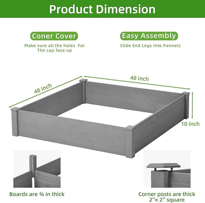 Raised Garden Bed 48x48x10'' Outdoor Wood Planter Box Over Floor Tool-Free Assembly
