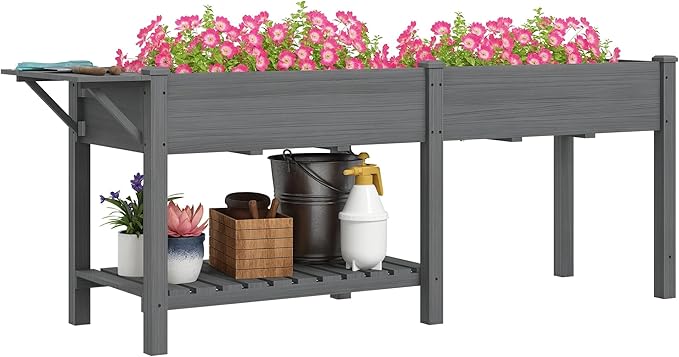 Outsunny Raised Garden Bed Wood Elevated Planter Box with Side Table Bottom Shelf Outdoor Raised Planter with Bed Liners Drainage Holes for Vegetable Flower 81.5 x 23 x 31 in Gray