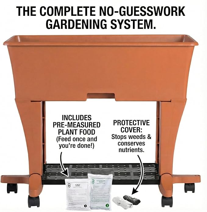 EarthBox Raised Garden Bed with Legs – Elevated Self Watering Planter Box with Wheels Storage Shelf Premium Plant Food Easy Assembly Made in USA Terra