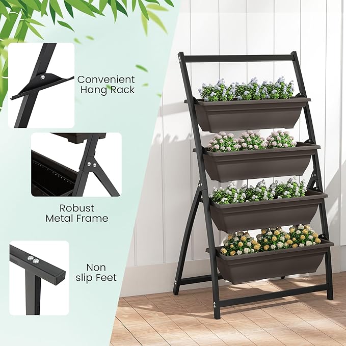 HAPPYGRILL 4-Tier Vertical Raised Garden Bed Elevated Planting Bed w/ 4 Stackable Flowerpots &amp Drainage Holes Indoor Outdoor Freestanding Planter Box w/Legs for Patio Yard (226 x 20.5'' x 49''