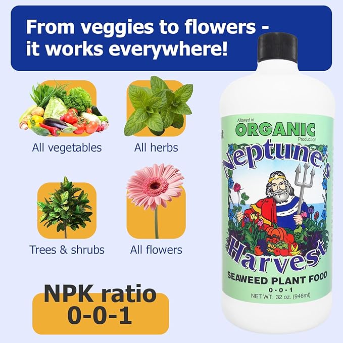Neptune’s Harvest Seaweed Plant Food (0-0-1) - Multi-Purpose Seaweed Organic Liquid Fertilizer - Indoor &amp Outdoor Plant Fertilizer for Lawns Gardens Vegetables &amp Flowers (Quart)
