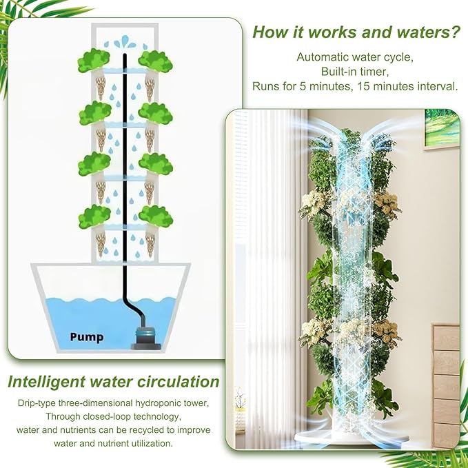 ZAIHW Aeroponic Tower Garden Kit Soil-Free Vertical Farming System with Auto Watering Timer &amp Pump High-Yield Hydroponics for Herbs &amp Vegetables5-Layers-Green