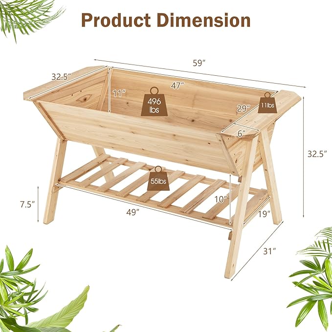 Giantex Raised Garden Bed Wood Planter Raised Bed with Storage Shelf Outdoor Plant Box Black Liner Drainage Hole Elevated Freestanding Garden Box for Patio Backyard Balcony 59x31x32.5