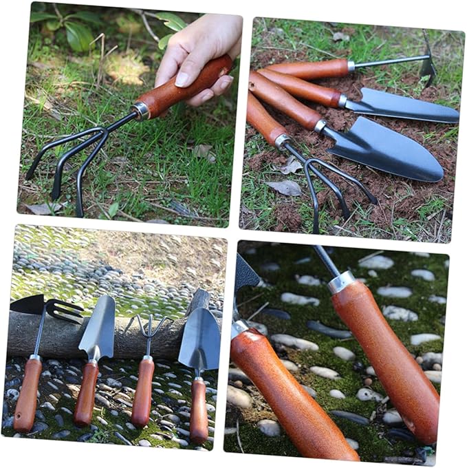 Artibetter 4pcs Mini Gardening Tool Set with Metal Shovel Narrow Spade 3-Prong Rake and Dual-use Hoe Hand Tools for Planting and Soil Scooping in Garden and Potted Plants