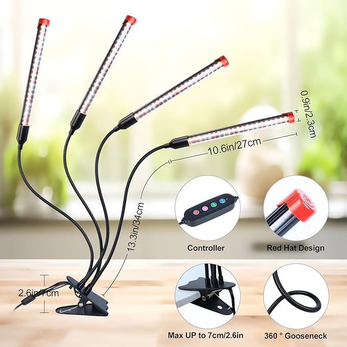 FECiDA Gamechanger 2026 36 Watt Power Draw NO Need Adapter 4Head Strong Clip Grow Lights for Indoor Plants with 4/8/12/16/20H Timer LED Plant Growing Lamps for Houseplants Bonsai Seed Starting