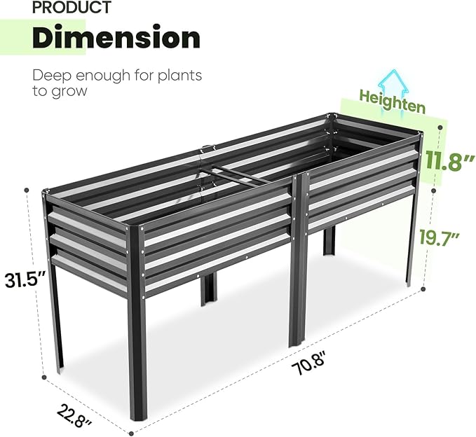 KING BIRD Raised Garden Bed with Irrigation System and Legs Galvanized Elevated Planter Box for Backyard Patio Balcony 600lb Capacity Dark Grey 70.9x22.8x31.5 in