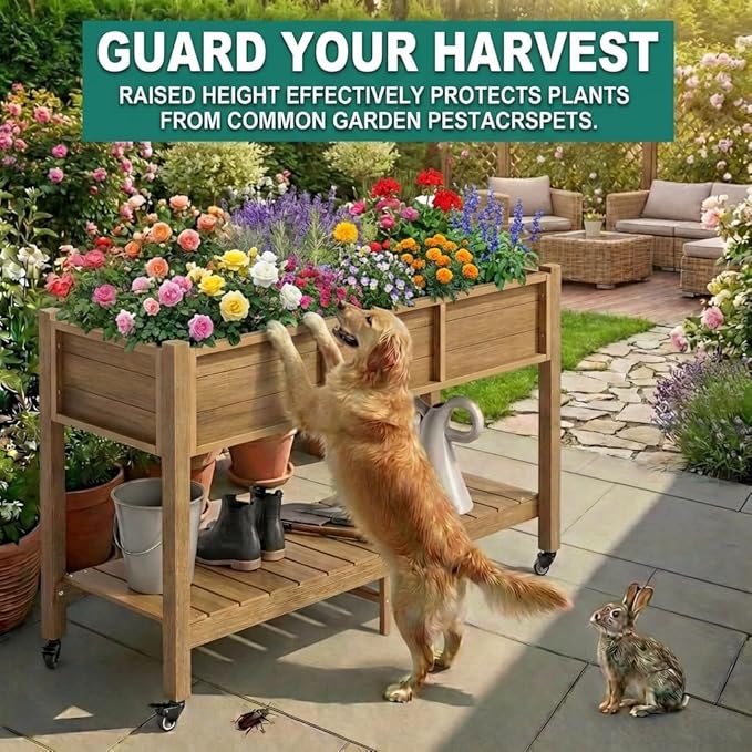 YITAHOME Raised Garden Bed HDPE 47x18x31In Herb Garden Bed Poly-Wood Weather-Resistant Elevated Planter Box with Lockable Wheels &amp Storage Shelf for Vegetable Flower Brown