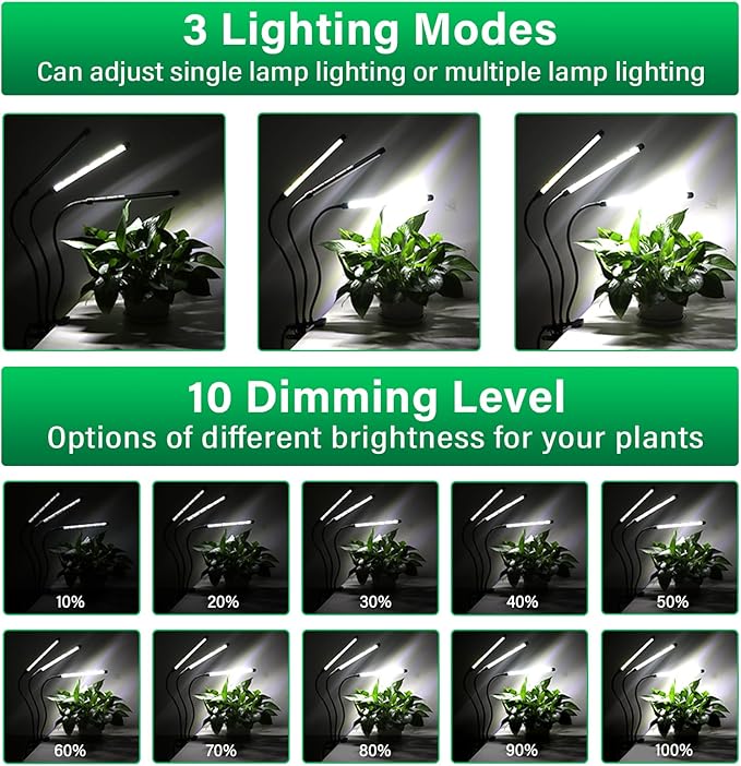 SKYWORLD LED Grow Light 126 LEDs Full Spectrum Clip Plant Growing Lamp for Indoor Plants Flexible Gooseneck Auto On Off Timing 3/9/12H 10 Dimmable Levels 3 Tubes Red &amp White