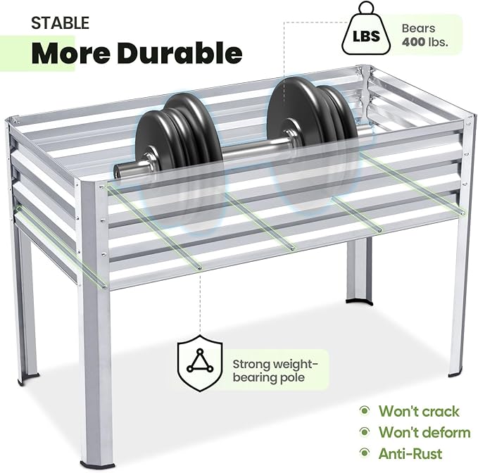 KING BIRD Large Raised Garden Bed with Legs Galvanized Elevated Planter Box 48×24×32 in for Backyard Patio Balcony 400lb Capacity Silver
