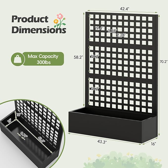 Metal Planter Box with Trellis Black Raised Garden Bed Privacy Screen Planters with Trellis for Climbing Plants Vegetable Flowers Outdoor Indoor Large 1Pc