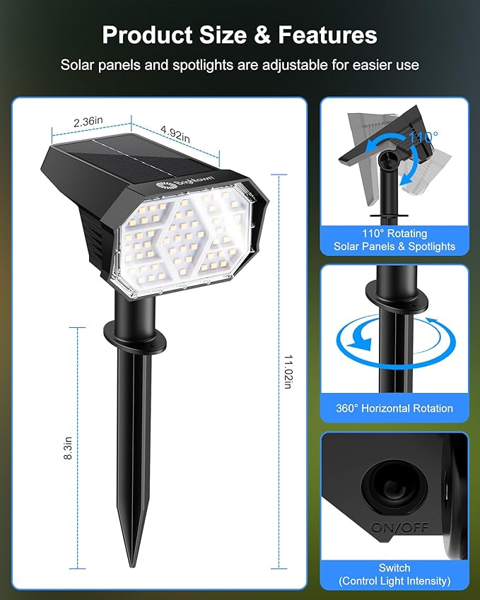 Brightown 4Pack Solar Spot Lights Outdoor with 58 LED &amp 1800mAh IP67 Solar Lights Outdoor Waterproof with 3 Light Modes 2-in-1 Dual Use Outdoor Solar Lights for Yard Garden and Pathway (Cool Wh