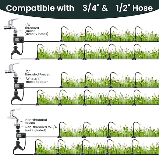 100FT Smart Drip Irrigation System with Water Timer – Automatic Garden Watering System with 360° Bendable Hose &amp 24 Adjustable Nozzles for Garden Yard LawnCompatible with 3/4 &amp 1/2 Hose