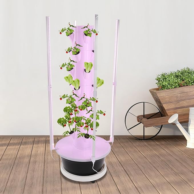 28 Pod Hydroponic Growing Tower Vertical Indoor Garden System with LED Grow Lights &amp Pump 7-Tier Hydroponic Planter Kit Space Saving Herb Vegetable Grower for Home Balcony (Black)