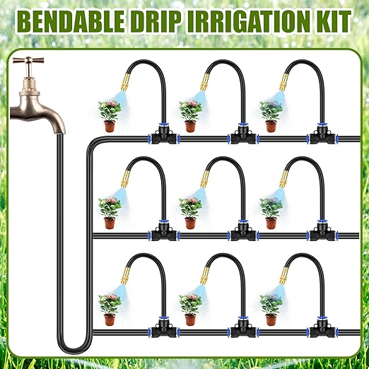 98 ft Drip Irrigation Kit 5/16 Tube Automatic Watering System with 30pcs 360° Adjustable Brass Nozzles Water Saving DIY for Garden Lawn Yard Greenhouse Plants