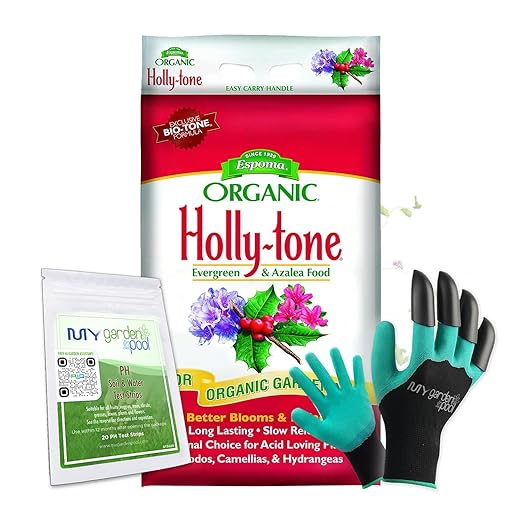 Espoma HT18 Organic Holly-Tone 4-3-4 18 lb. Bag Evergreen &amp Azalea Plant Food with My Garden Pool PH Soil Test Strips 20 ct and Gardening Claw Gloves and Garden-IQ Smart Gardening AI Assistant
