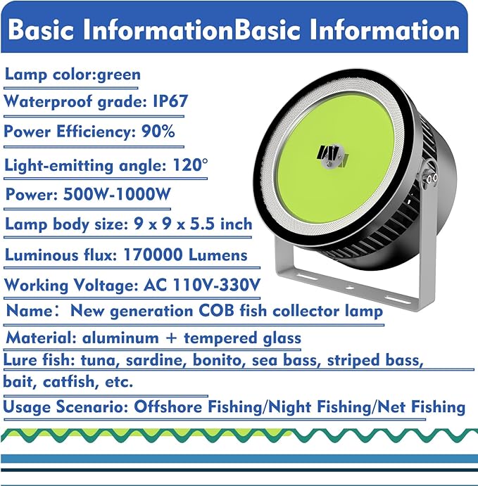 110V-330V 1000W Large Fish Collector Light Abovewater Marine with 6.5Ft Power Cable Green LED Waterproof Spotlight 170KLM Lightning-Proof Fishing Light for Fishing Boats Sea Fishing Tunas and More