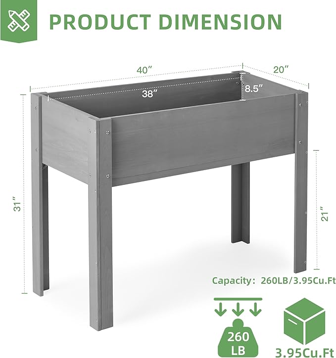 40x20x31 inch Raised Garden Bed with Legs Elevated Wooden Planter Box for Outdoor Plants Flowers Fruits Vegetable Herb Growing
