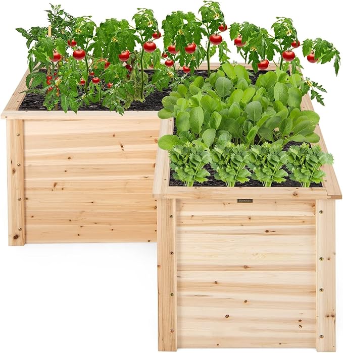 HAPPYGRILL Wooden Raised Garden Bed 24.5” L-Shaped Elevated Planter Box with Open-Ended Base for Saplings Flowers Vegetables &amp Herbs Outdoor Fir Wood Planter for Garden Yard &amp Lawn