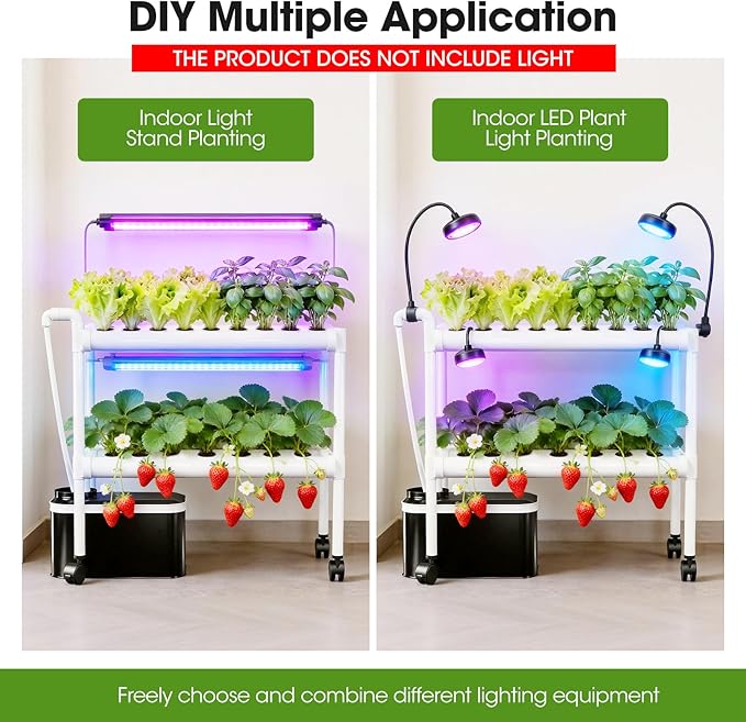 Hydroponics Growing System Kit with Wheels 54 Plant Sites Gardening Aquaponics Tower 2-Tier Food-Grade PVC-U Pipes Water Pump Timer for Leafy Vegetables Indoor Outdoor (33x35x14 in 54 Holes)