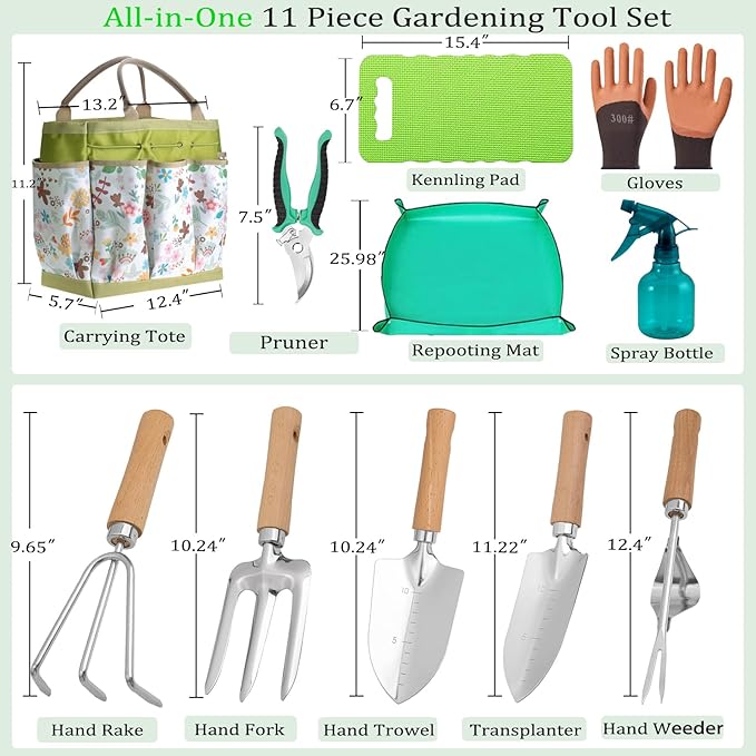 Garden Tool Set 11-Piece Heavy Duty Gardening Hand Tools - Rust-Resistant Stainless Steel with Durable Stylish Garden Tools Organizer Tote Bag | Ideal Gardening Gift for Women &amp Garden Enthusiasts
