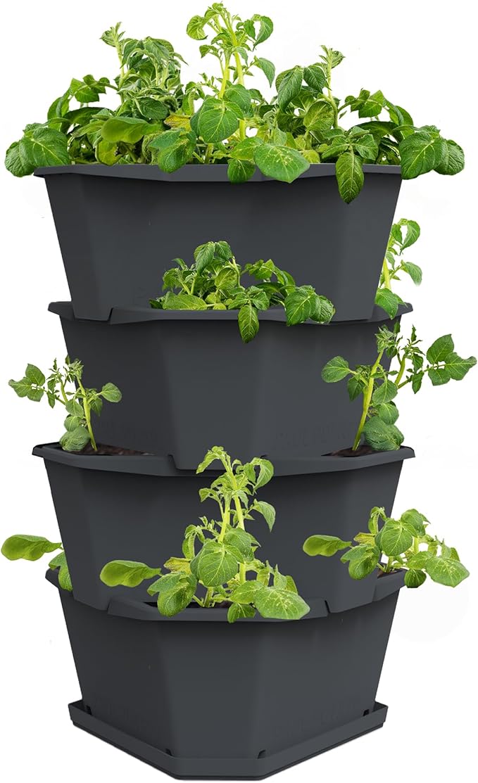 BUZZY Seeds Starter Stackable Vertical Planter – 4-Level Raised Garden Tower for Potatoes Strawberries Vegetables &amp Flowers (Gray)