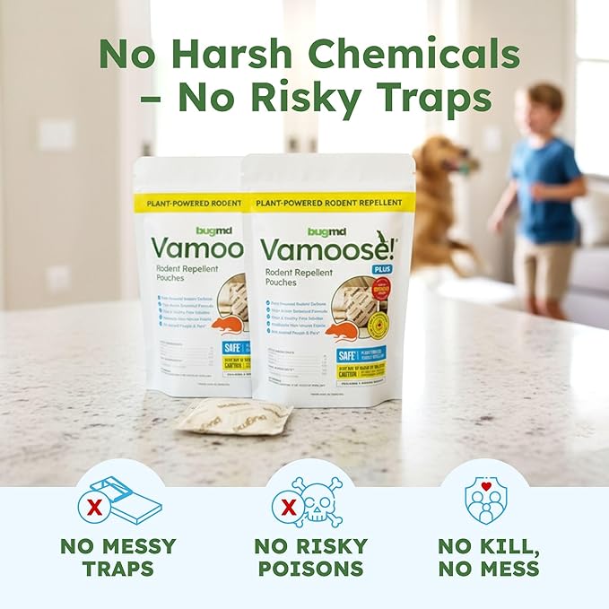 BugMD Vamoose! Plus Peppermint Oil Mouse Repellent Pouches | Natural Mice Repellent Indoor &amp Rat Deterrent for House Garage RV Car &amp Storage | Plant-Powered Rodent Control - 2 Pack - 8 Pouc