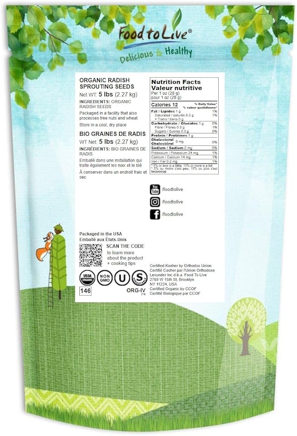 Food to Live - Organic Radish Seeds for Sprouting 5 Pounds Non-GMO Edible Seeds Pure Vegan Kosher Bulk. Spicy Flavor. Rich in Vitamin C. High Germitation Rate.