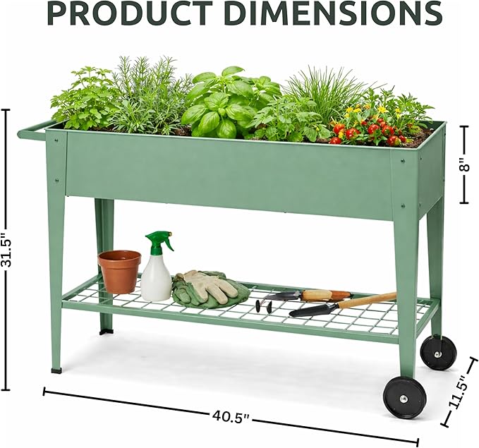 InSideOut Elevated 40 Raised Garden Bed Outdoor with Wheels &amp Shelf for Mobility Metal Planter Box for Vegetables/Herbs Patio-Balcony-Backyard (Sage Green)