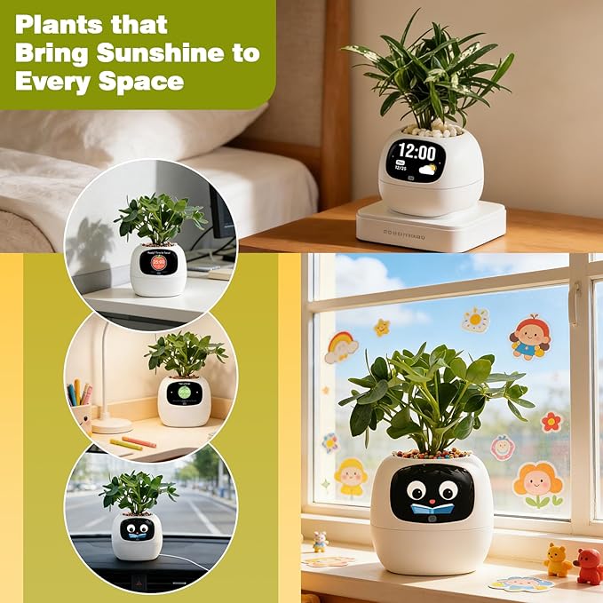 Smart Planter with App Control Self-Watering AI Plant Pot with LCD Display Interactive Desk Plant Companion for 100+ Plants Smart Indoor Planter with Pomodoro Timer80ml ReservoirCalendar-White